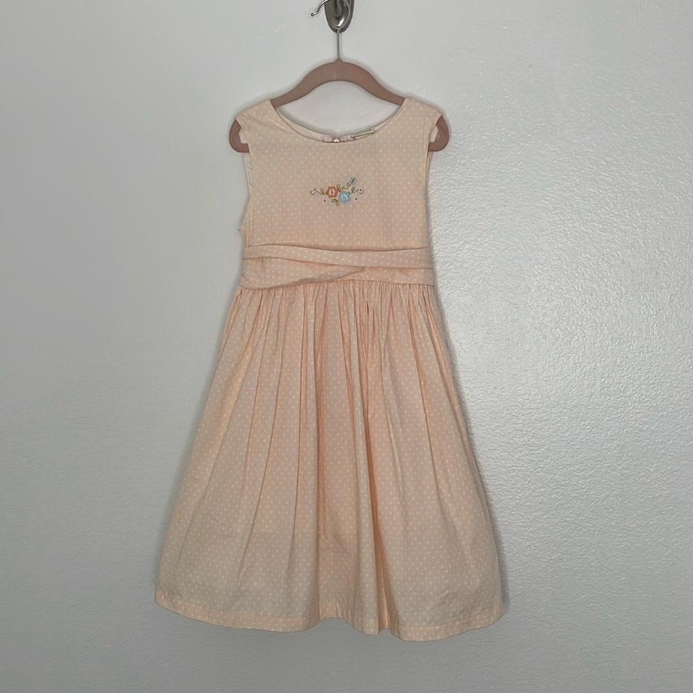 Laura Ashley Sleeveless Peach White Dots Embroidered Ruffle Lining Dress 5 Girls